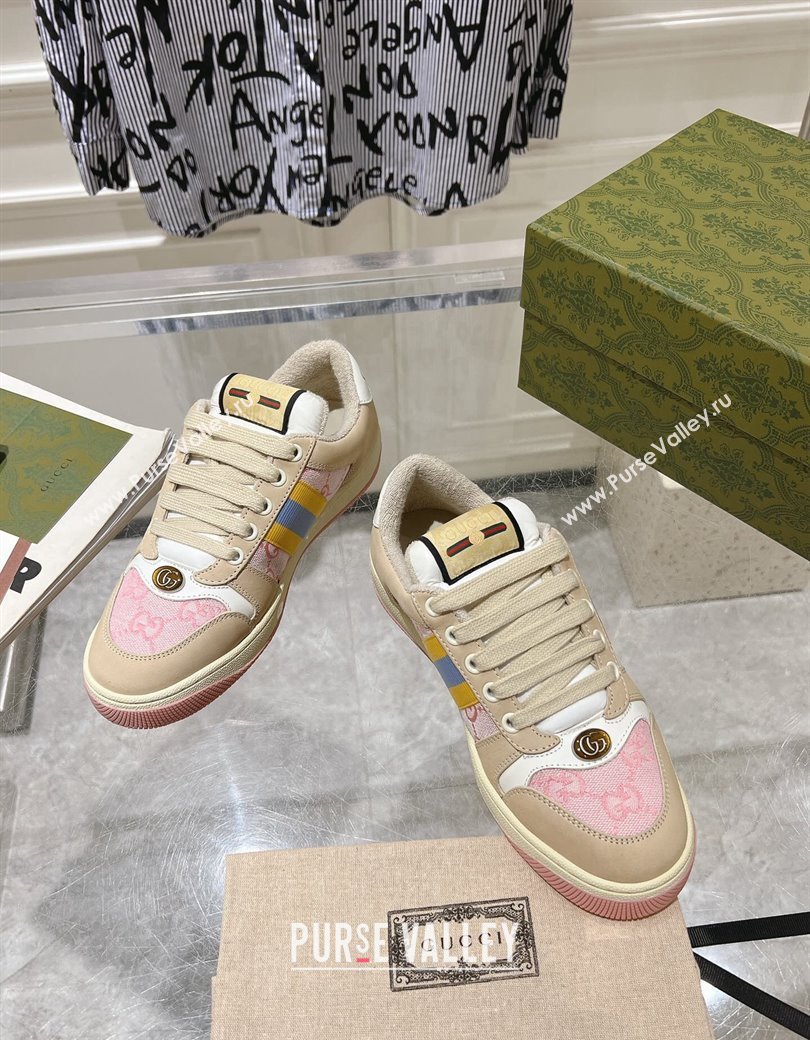 Gucci Screener Trainer Sneakers in Beige Suede and GG Canvas with Web Pink 2024 (SS-241119141)