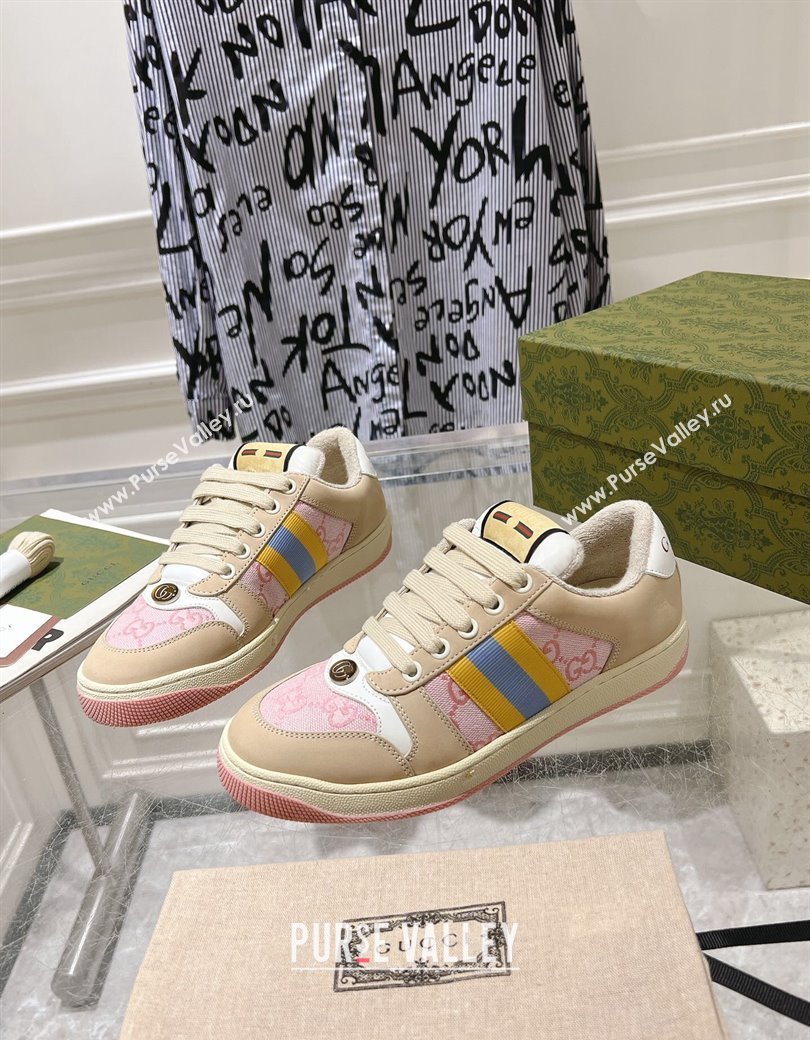 Gucci Screener Trainer Sneakers in Beige Suede and GG Canvas with Web Pink 2024 (SS-241119141)