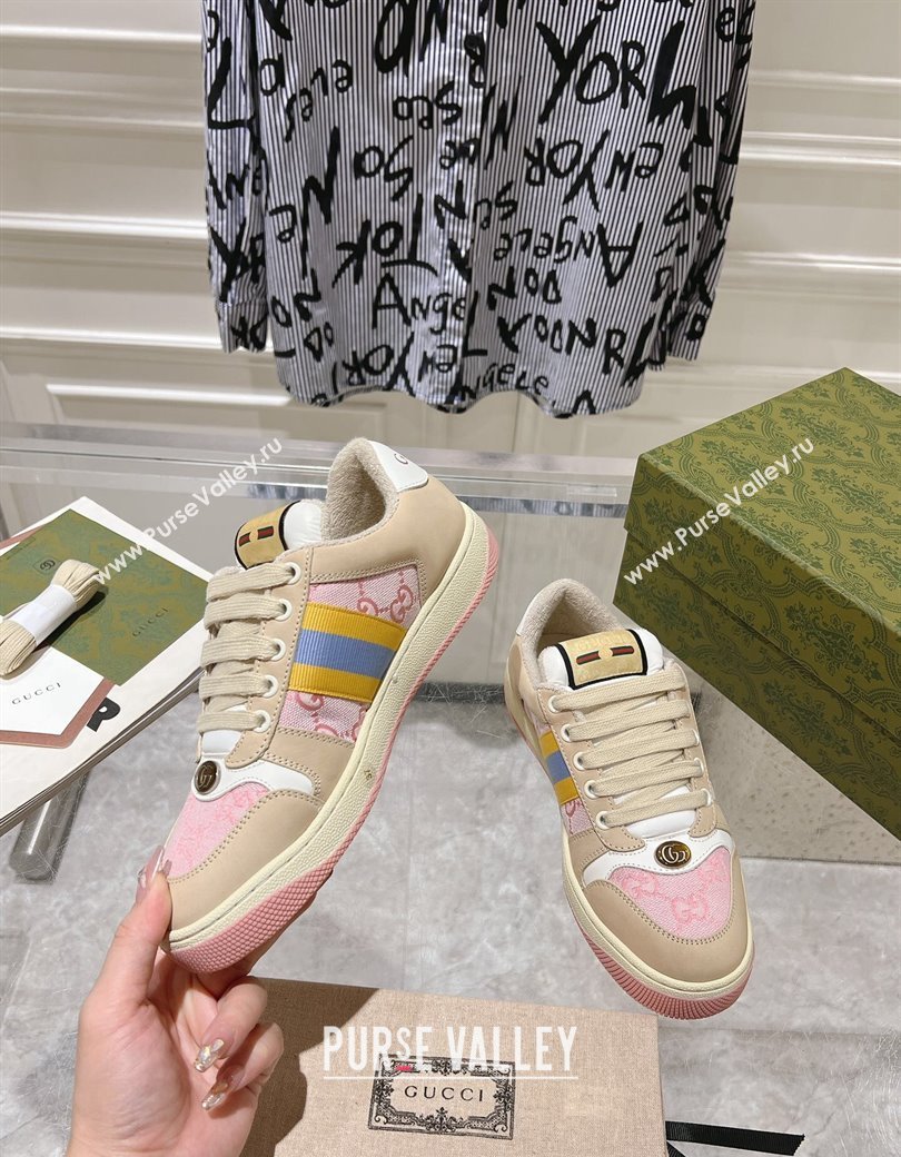 Gucci Screener Trainer Sneakers in Beige Suede and GG Canvas with Web Pink 2024 (SS-241119141)