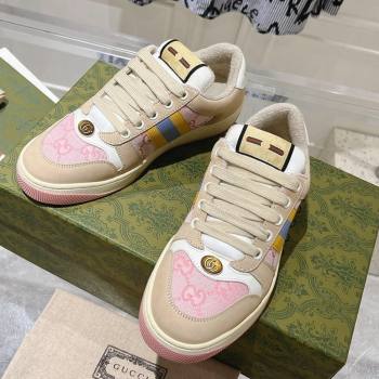 Gucci Screener Trainer Sneakers in Beige Suede and GG Canvas with Web Pink 2024 (SS-241119141)