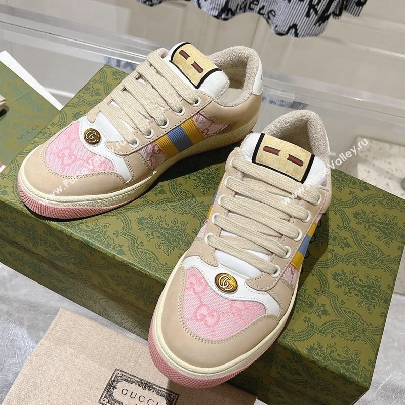 Gucci Screener Trainer Sneakers in Beige Suede and GG Canvas with Web Pink 2024 (SS-241119141)