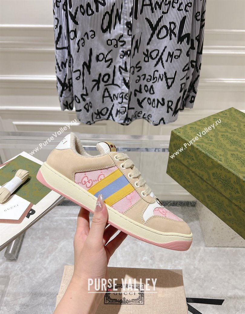 Gucci Screener Trainer Sneakers in Beige Suede and GG Canvas with Web Pink 2024 (SS-241119141)