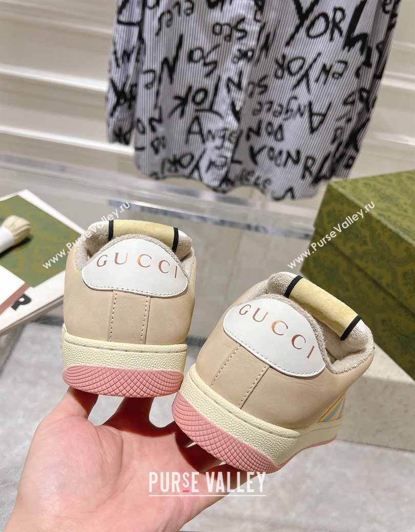 Gucci Screener Trainer Sneakers in Beige Suede and GG Canvas with Web Pink 2024 (SS-241119141)