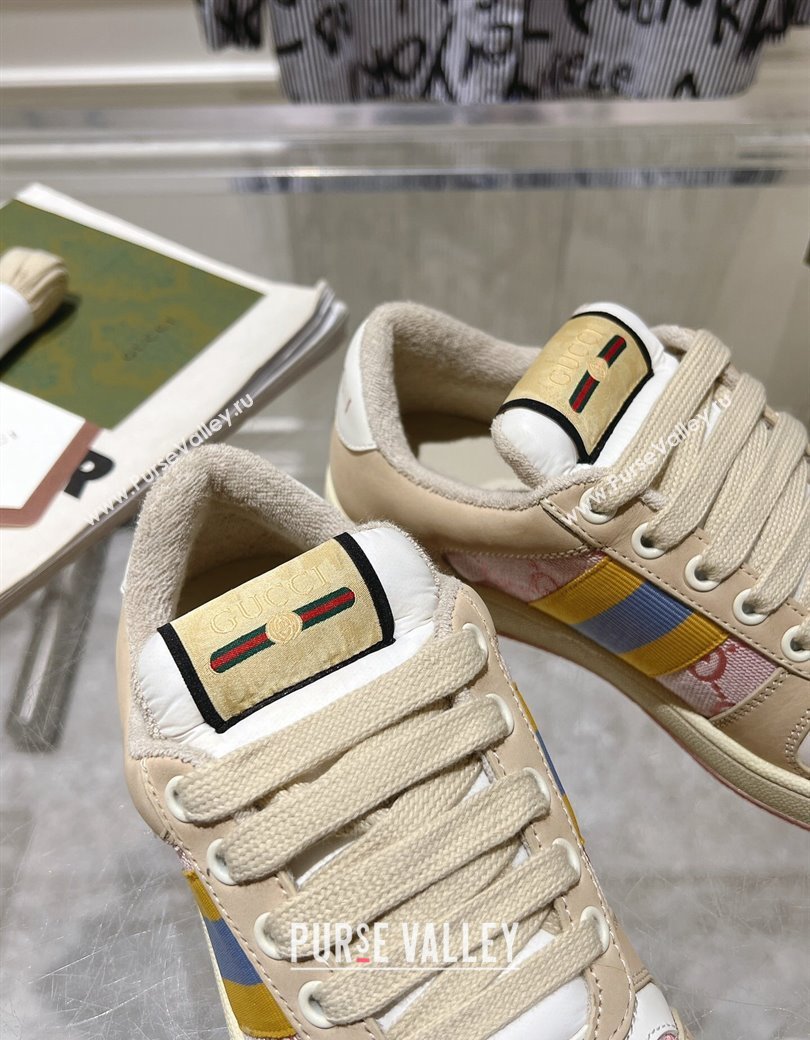 Gucci Screener Trainer Sneakers in Beige Suede and GG Canvas with Web Pink 2024 (SS-241119141)