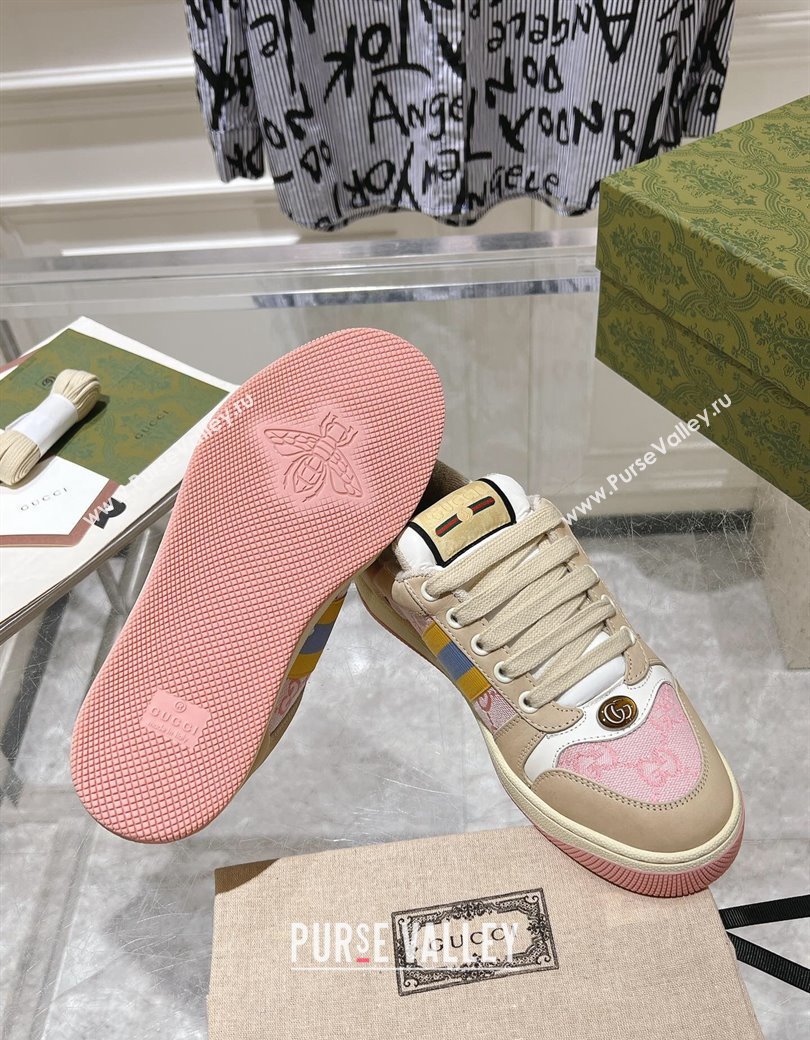 Gucci Screener Trainer Sneakers in Beige Suede and GG Canvas with Web Pink 2024 (SS-241119141)