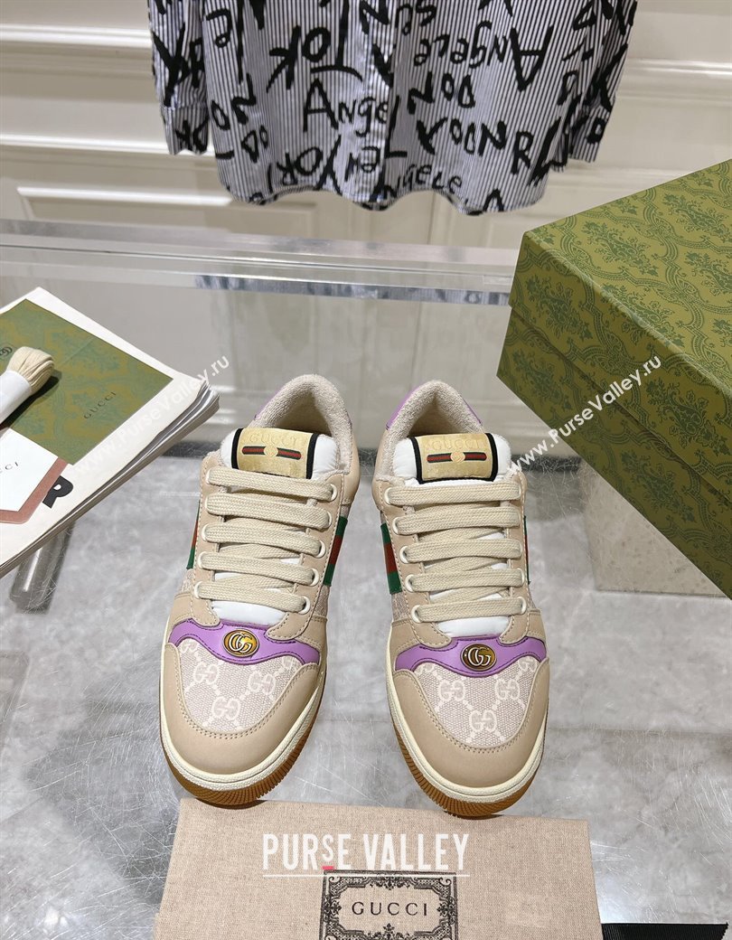 Gucci Screener Trainer Sneakers in Beige Suede and GG Canvas with Web Light Purple 2024 (SS-241119142)