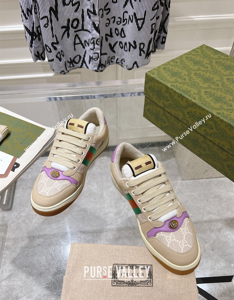 Gucci Screener Trainer Sneakers in Beige Suede and GG Canvas with Web Light Purple 2024 (SS-241119142)