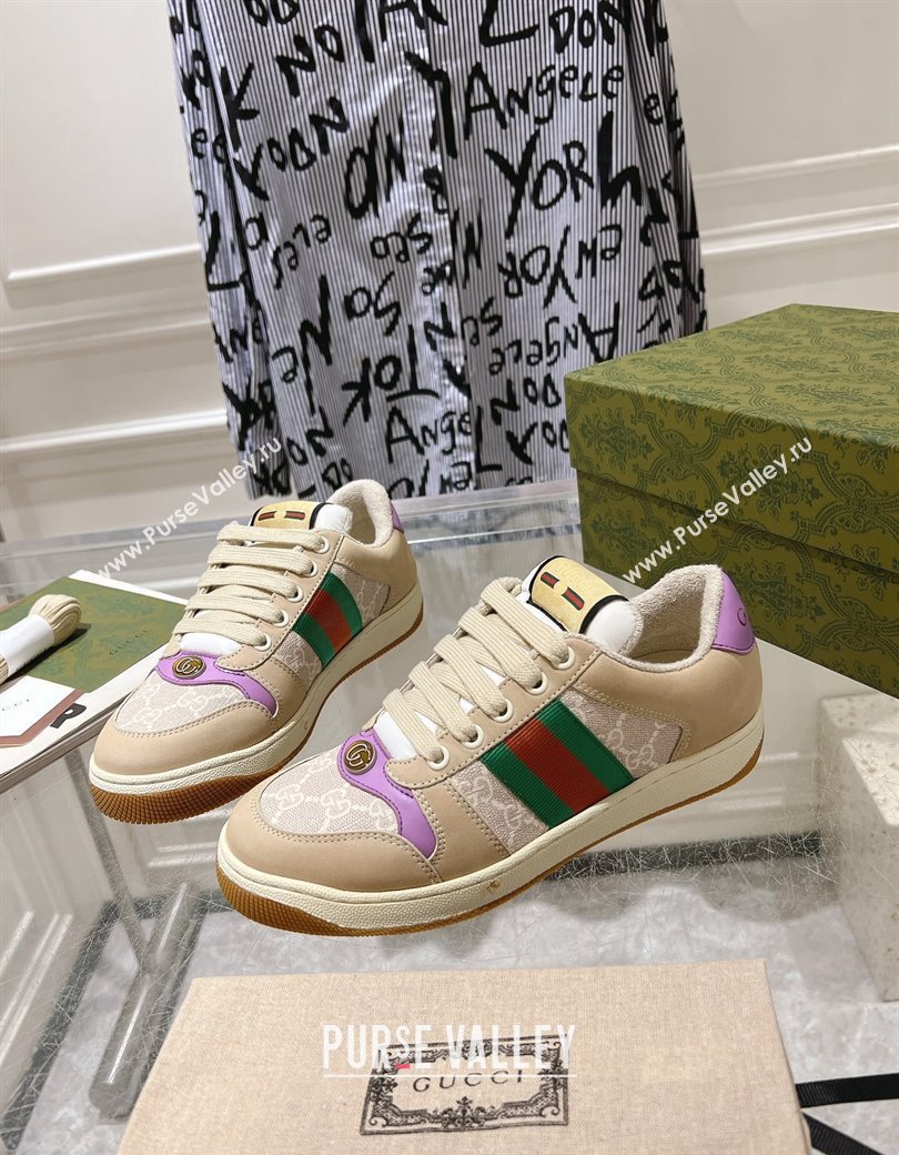 Gucci Screener Trainer Sneakers in Beige Suede and GG Canvas with Web Light Purple 2024 (SS-241119142)