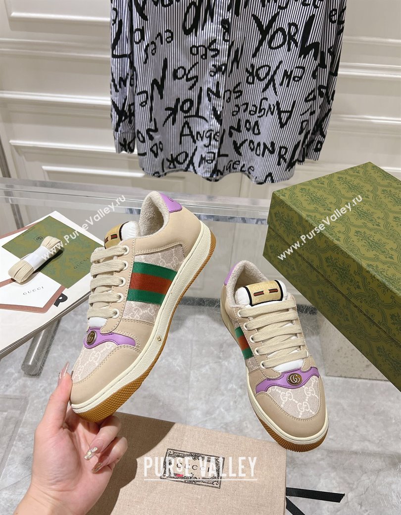 Gucci Screener Trainer Sneakers in Beige Suede and GG Canvas with Web Light Purple 2024 (SS-241119142)