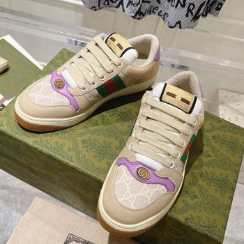 Gucci Screener Trainer Sneakers in Beige Suede and GG Canvas with Web Light Purple 2024 (SS-241119142)