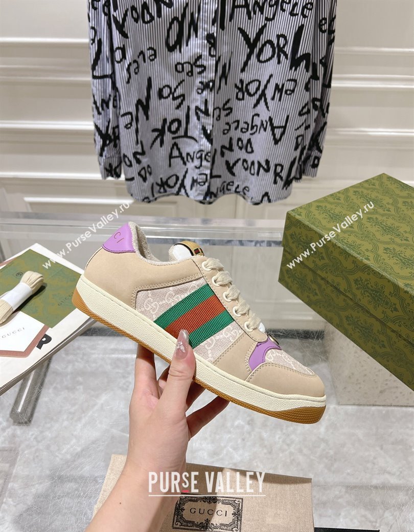 Gucci Screener Trainer Sneakers in Beige Suede and GG Canvas with Web Light Purple 2024 (SS-241119142)