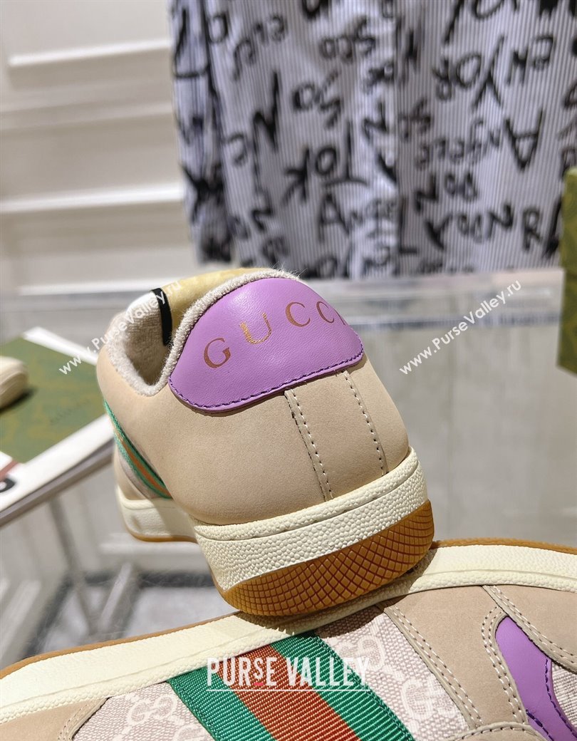 Gucci Screener Trainer Sneakers in Beige Suede and GG Canvas with Web Light Purple 2024 (SS-241119142)