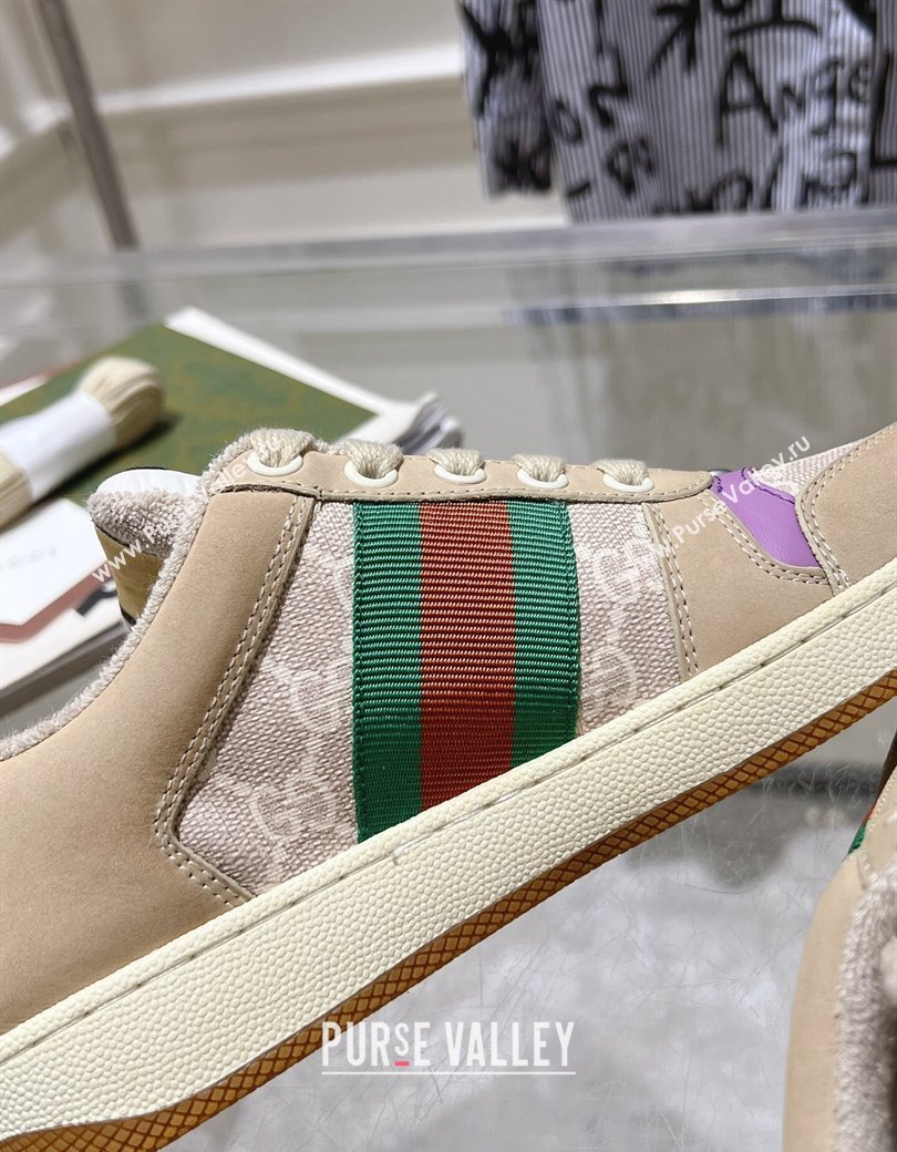 Gucci Screener Trainer Sneakers in Beige Suede and GG Canvas with Web Light Purple 2024 (SS-241119142)