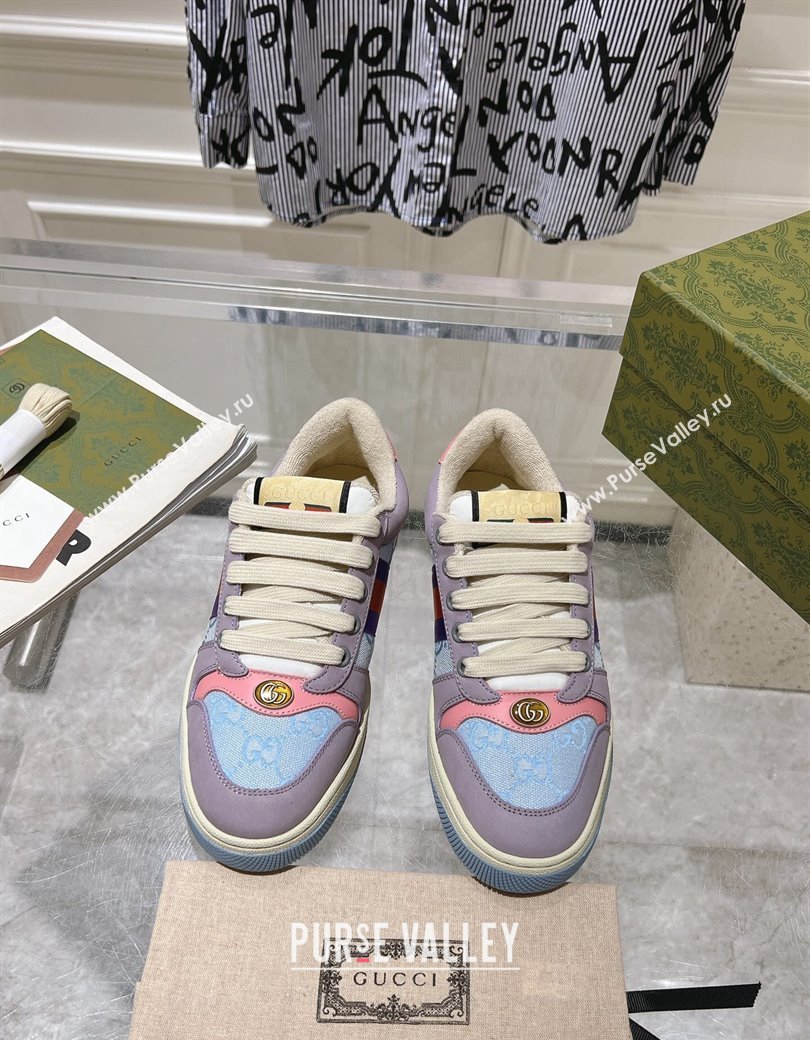 Gucci Screener Trainer Sneakers in Beige Suede and GG Canvas with Web Purple/Blue 2024 (SS-241119143)