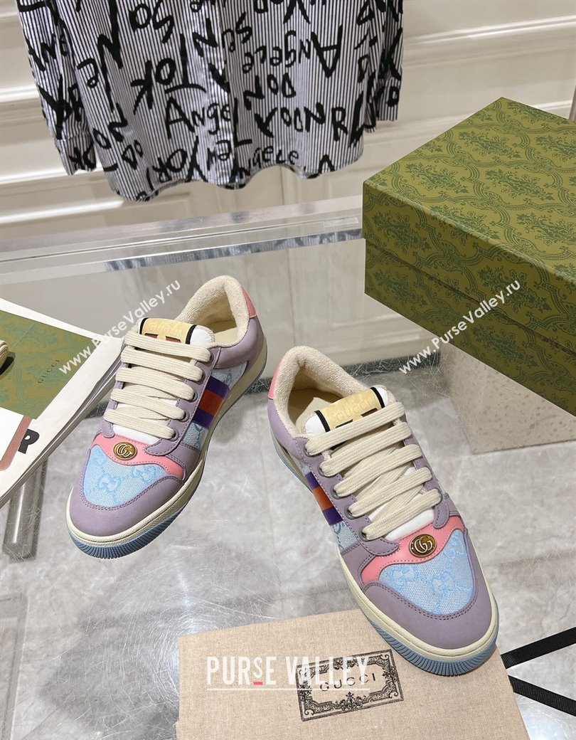 Gucci Screener Trainer Sneakers in Beige Suede and GG Canvas with Web Purple/Blue 2024 (SS-241119143)