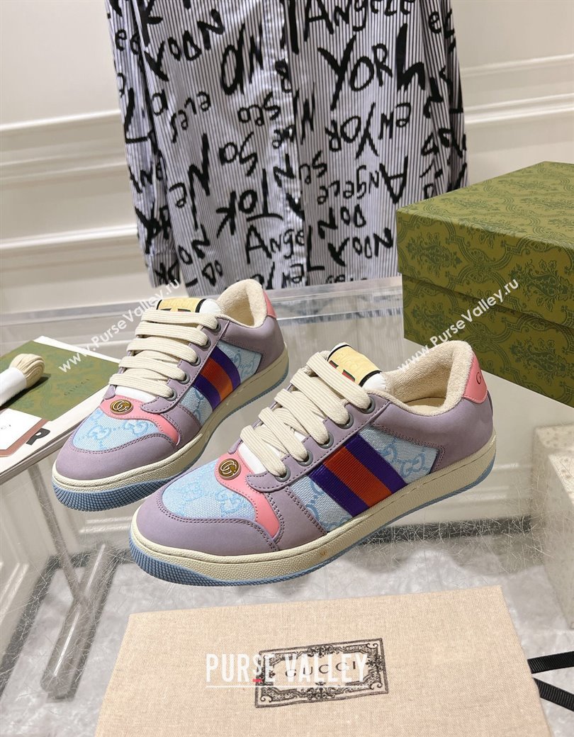 Gucci Screener Trainer Sneakers in Beige Suede and GG Canvas with Web Purple/Blue 2024 (SS-241119143)