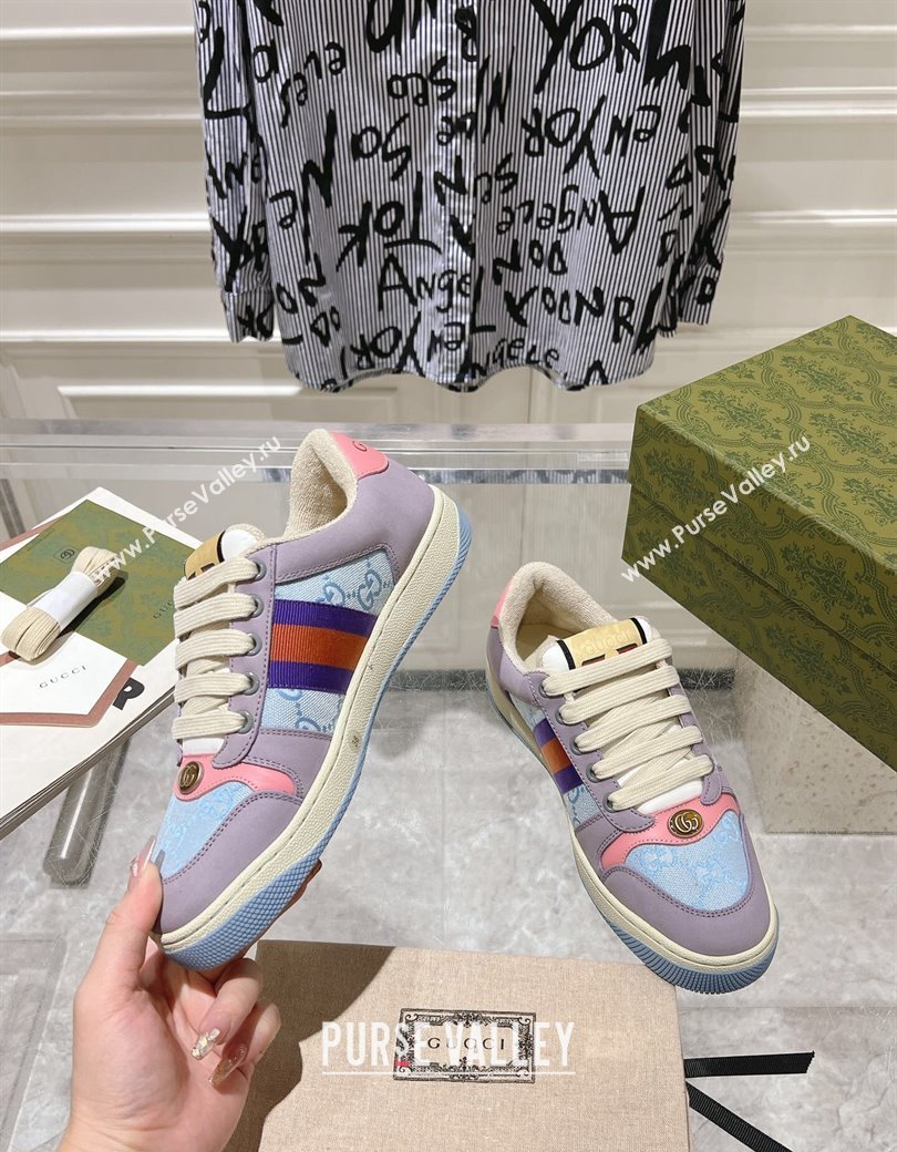 Gucci Screener Trainer Sneakers in Beige Suede and GG Canvas with Web Purple/Blue 2024 (SS-241119143)