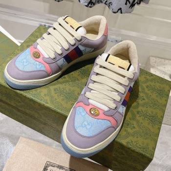 Gucci Screener Trainer Sneakers in Beige Suede and GG Canvas with Web Purple/Blue 2024 (SS-241119143)