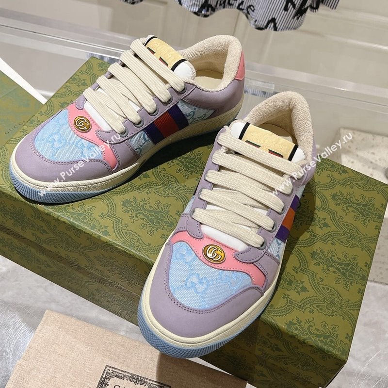 Gucci Screener Trainer Sneakers in Beige Suede and GG Canvas with Web Purple/Blue 2024 (SS-241119143)