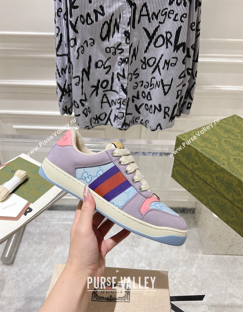 Gucci Screener Trainer Sneakers in Beige Suede and GG Canvas with Web Purple/Blue 2024 (SS-241119143)