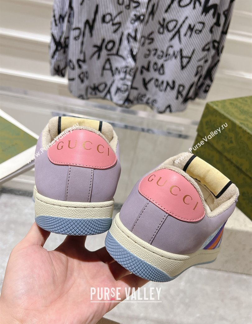 Gucci Screener Trainer Sneakers in Beige Suede and GG Canvas with Web Purple/Blue 2024 (SS-241119143)