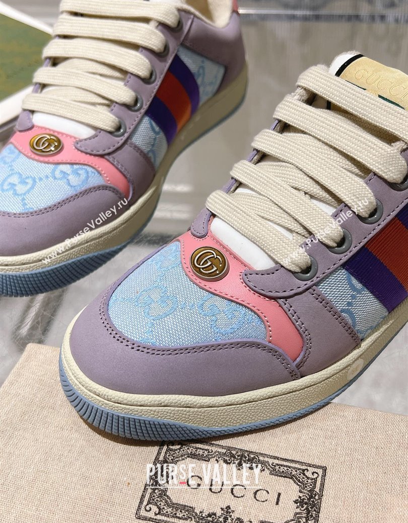 Gucci Screener Trainer Sneakers in Beige Suede and GG Canvas with Web Purple/Blue 2024 (SS-241119143)