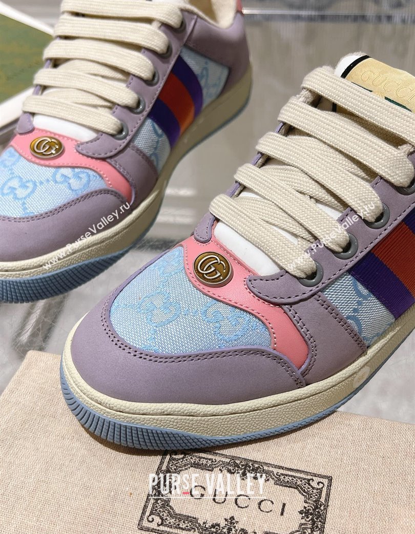 Gucci Screener Trainer Sneakers in Beige Suede and GG Canvas with Web Purple/Blue 2024 (SS-241119143)