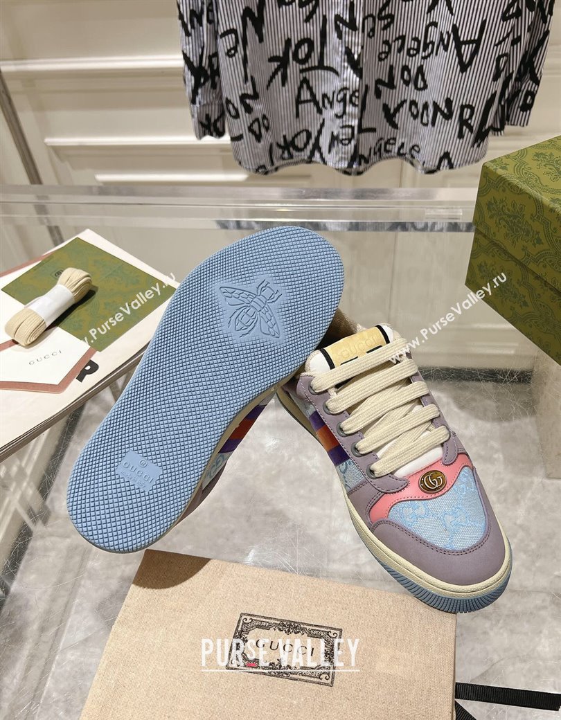 Gucci Screener Trainer Sneakers in Beige Suede and GG Canvas with Web Purple/Blue 2024 (SS-241119143)