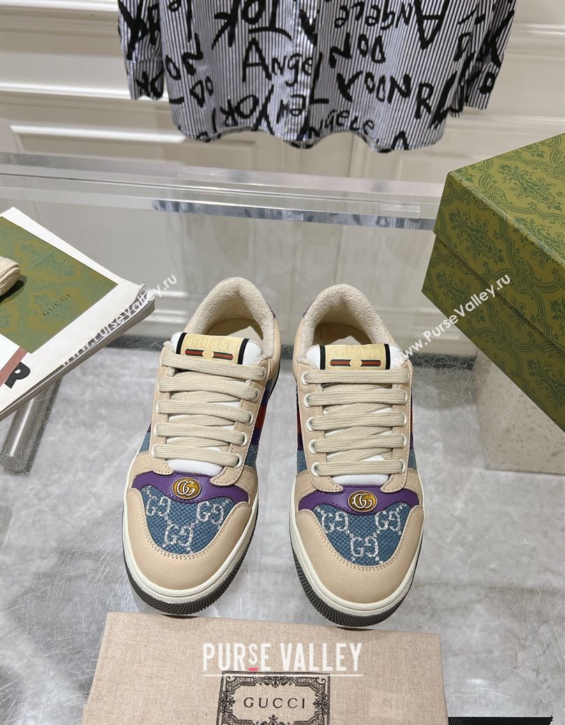 Gucci Screener Trainer Sneakers in Beige Suede and GG Canvas with Web Dark Blue 2024 (SS-241119144)