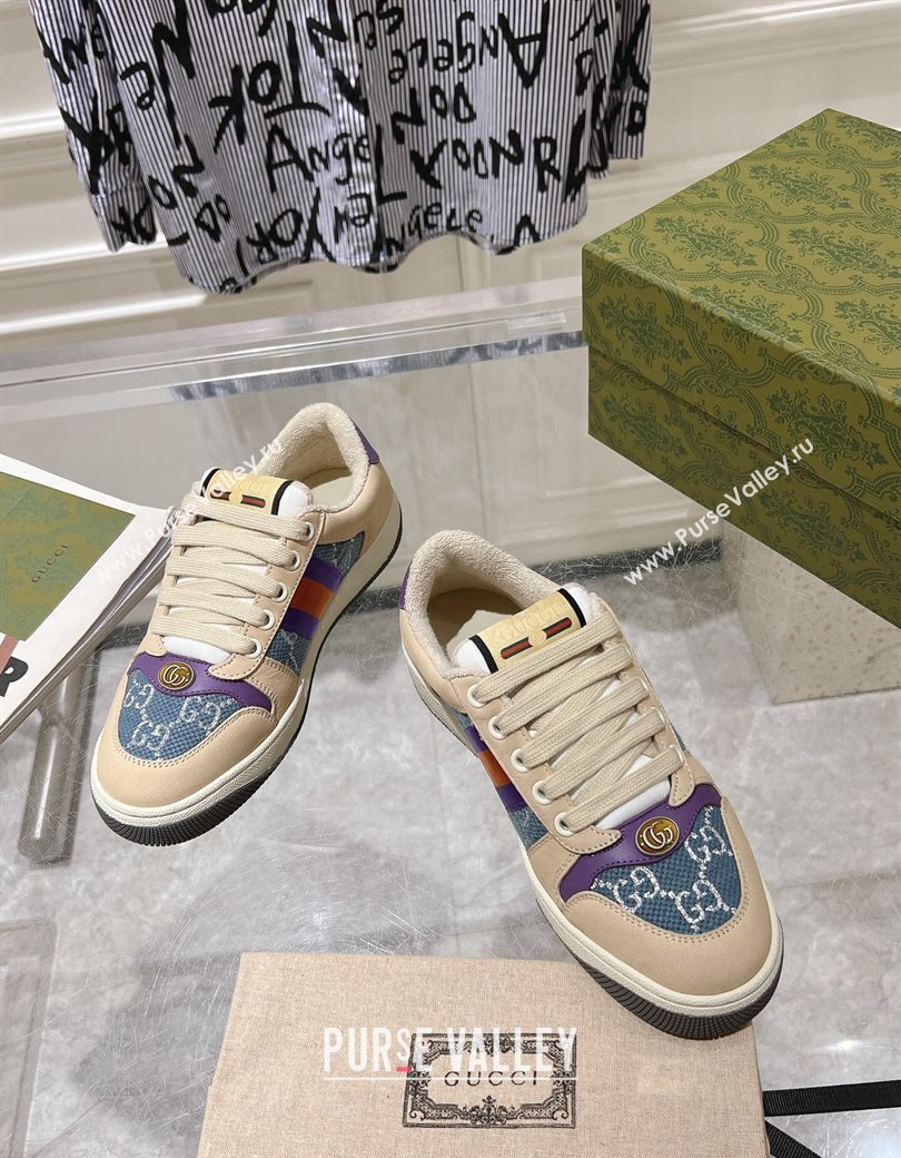 Gucci Screener Trainer Sneakers in Beige Suede and GG Canvas with Web Dark Blue 2024 (SS-241119144)