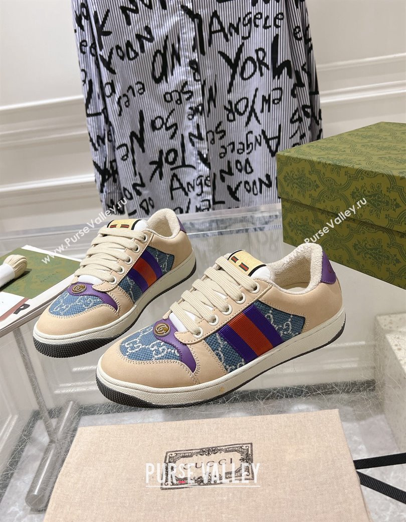 Gucci Screener Trainer Sneakers in Beige Suede and GG Canvas with Web Dark Blue 2024 (SS-241119144)