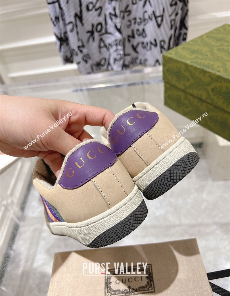 Gucci Screener Trainer Sneakers in Beige Suede and GG Canvas with Web Dark Blue 2024 (SS-241119144)