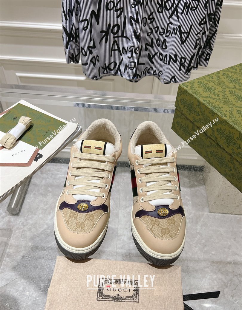 Gucci Screener Trainer Sneakers in Beige Suede and GG Canvas with Web Dark Purple 2024 (SS-241119146)