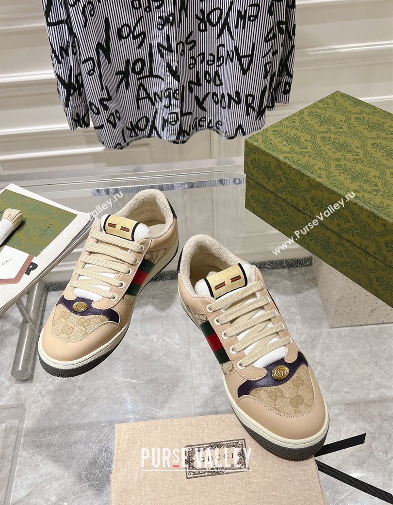 Gucci Screener Trainer Sneakers in Beige Suede and GG Canvas with Web Dark Purple 2024 (SS-241119146)