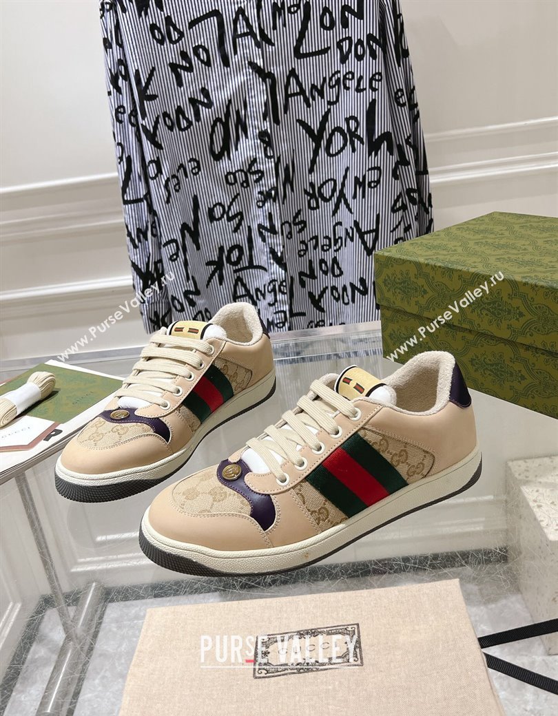 Gucci Screener Trainer Sneakers in Beige Suede and GG Canvas with Web Dark Purple 2024 (SS-241119146)