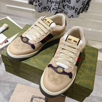 Gucci Screener Trainer Sneakers in Beige Suede and GG Canvas with Web Dark Purple 2024 (SS-241119146)