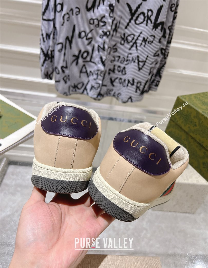 Gucci Screener Trainer Sneakers in Beige Suede and GG Canvas with Web Dark Purple 2024 (SS-241119146)