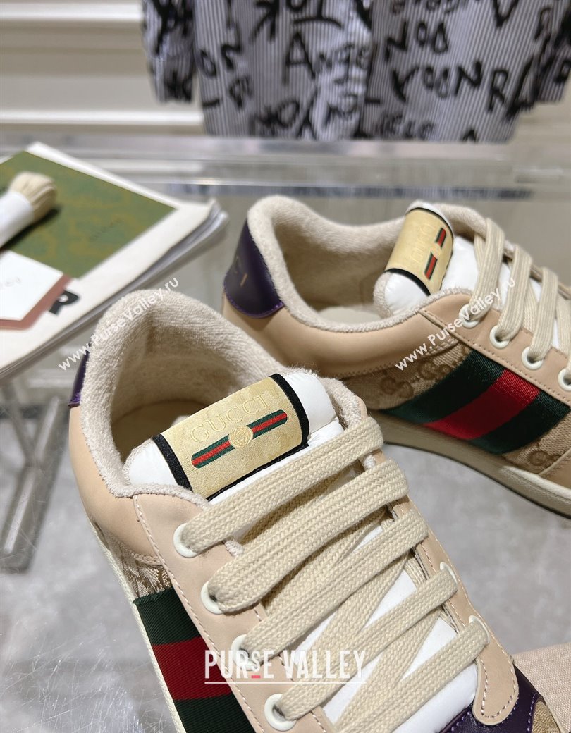 Gucci Screener Trainer Sneakers in Beige Suede and GG Canvas with Web Dark Purple 2024 (SS-241119146)