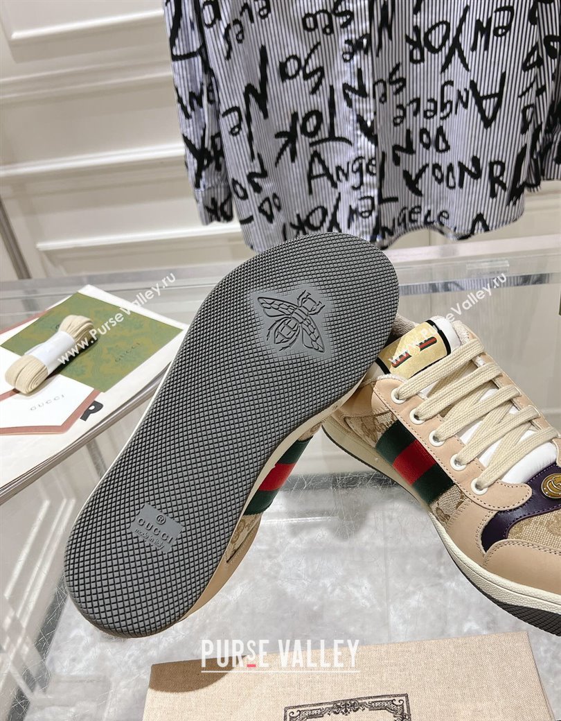 Gucci Screener Trainer Sneakers in Beige Suede and GG Canvas with Web Dark Purple 2024 (SS-241119146)