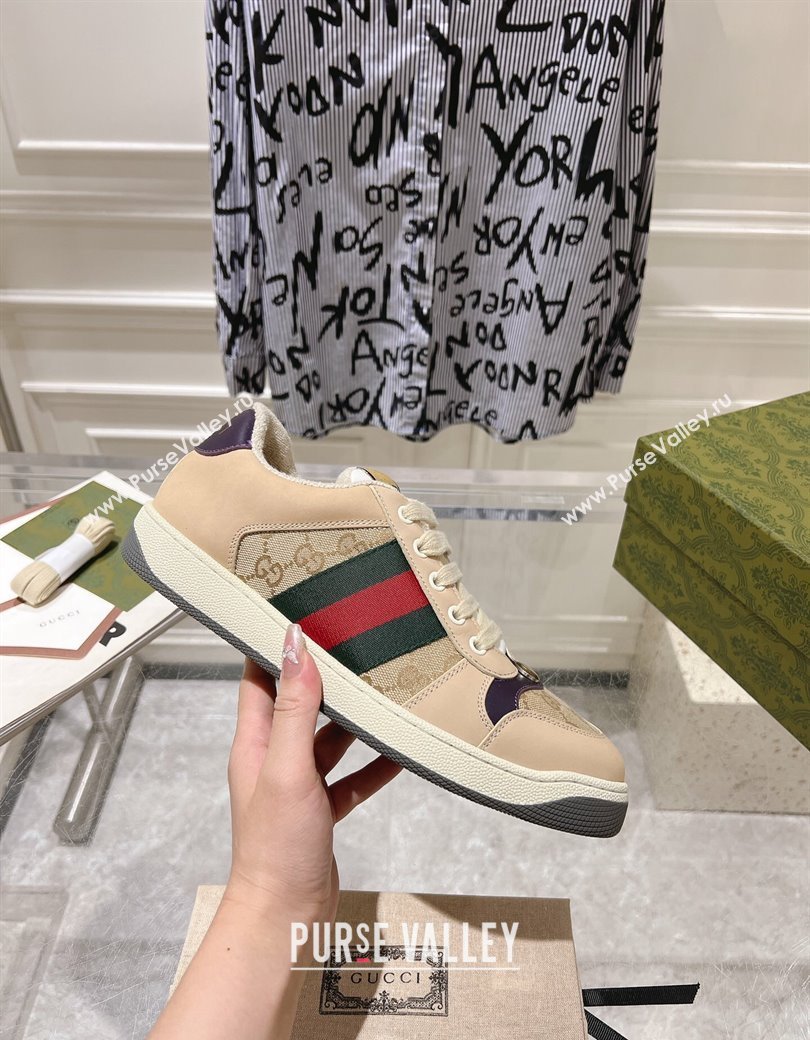 Gucci Screener Trainer Sneakers in Beige Suede and GG Canvas with Web Dark Purple 2024 (SS-241119146)