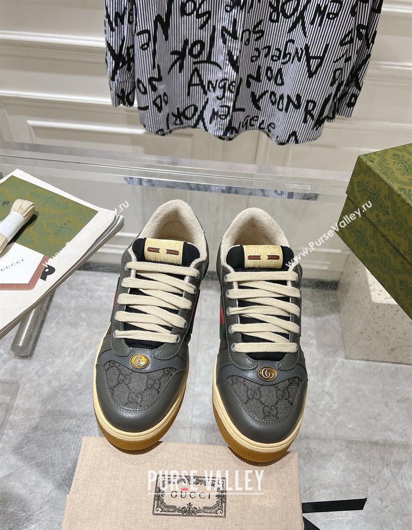 Gucci Screener Trainer Sneakers in Leather and GG Canvas with Web Dark Grey 2024 (SS-241119147)