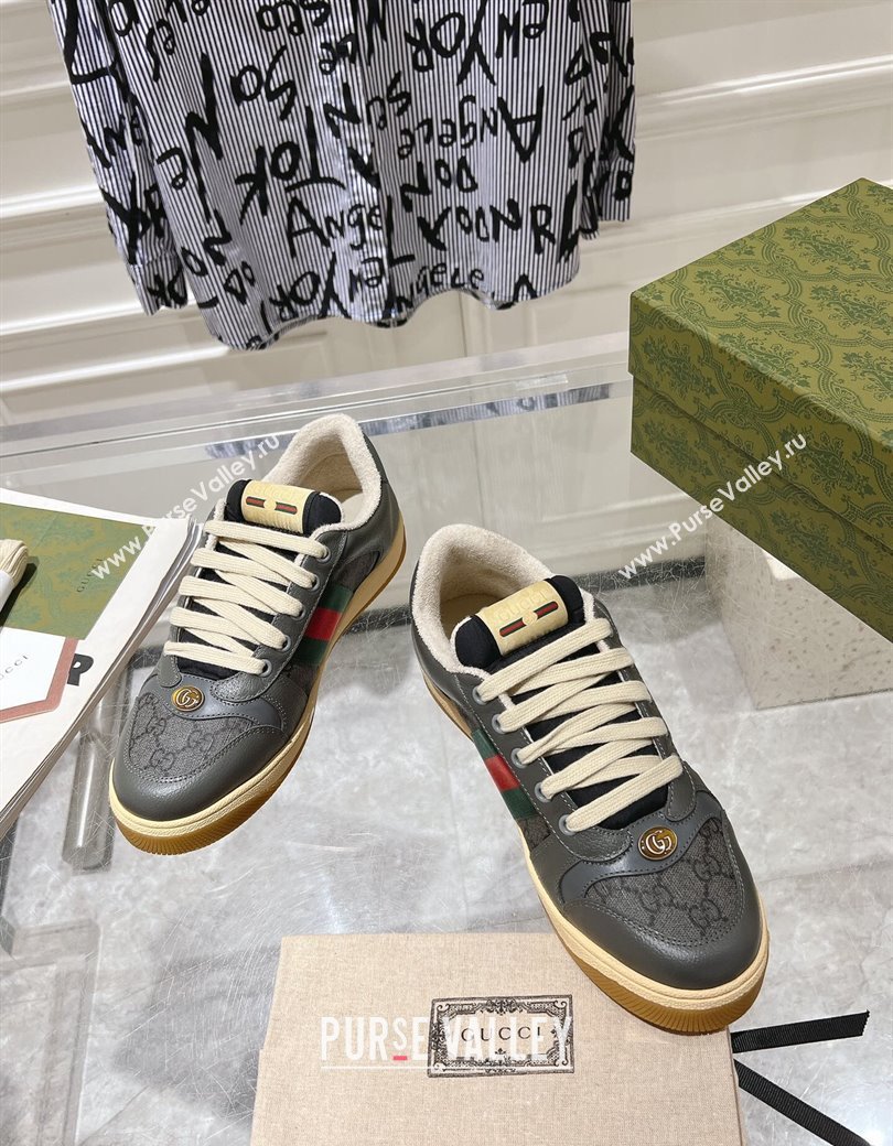 Gucci Screener Trainer Sneakers in Leather and GG Canvas with Web Dark Grey 2024 (SS-241119147)