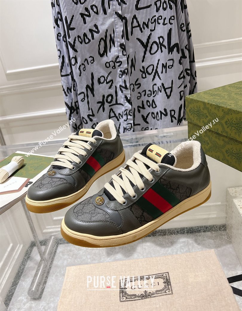 Gucci Screener Trainer Sneakers in Leather and GG Canvas with Web Dark Grey 2024 (SS-241119147)