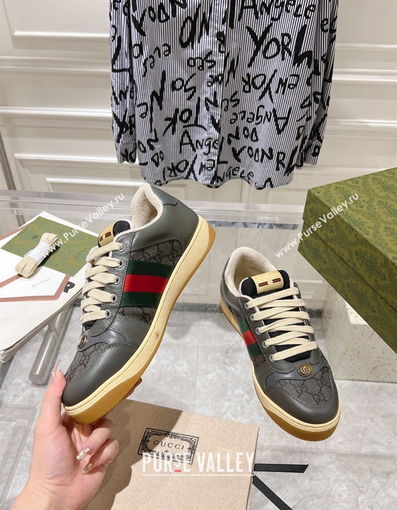 Gucci Screener Trainer Sneakers in Leather and GG Canvas with Web Dark Grey 2024 (SS-241119147)