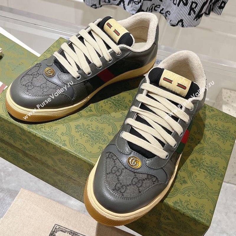 Gucci Screener Trainer Sneakers in Leather and GG Canvas with Web Dark Grey 2024 (SS-241119147)