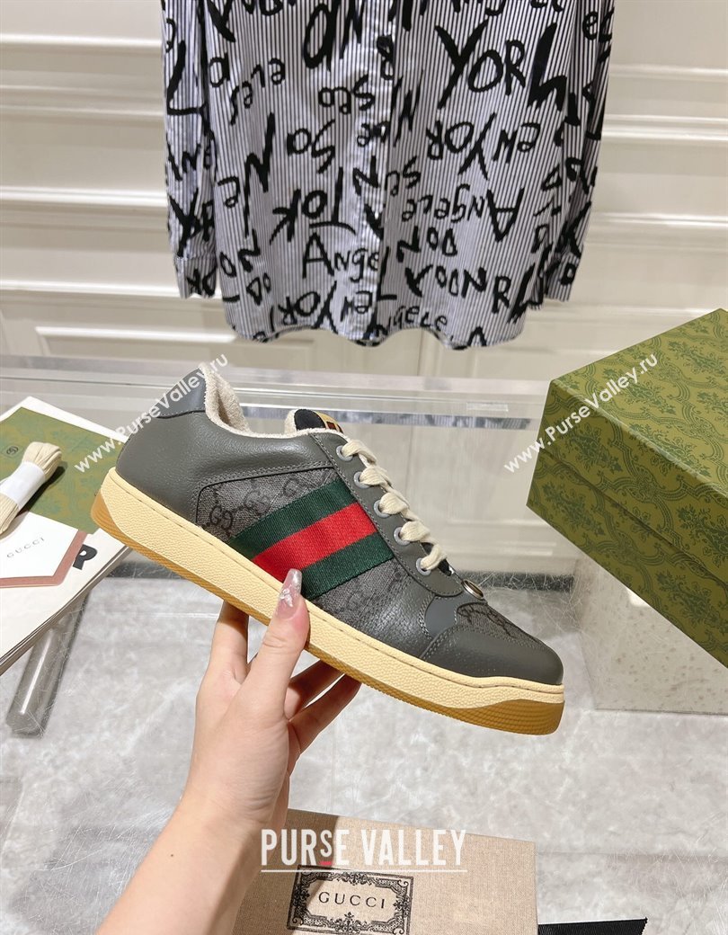 Gucci Screener Trainer Sneakers in Leather and GG Canvas with Web Dark Grey 2024 (SS-241119147)