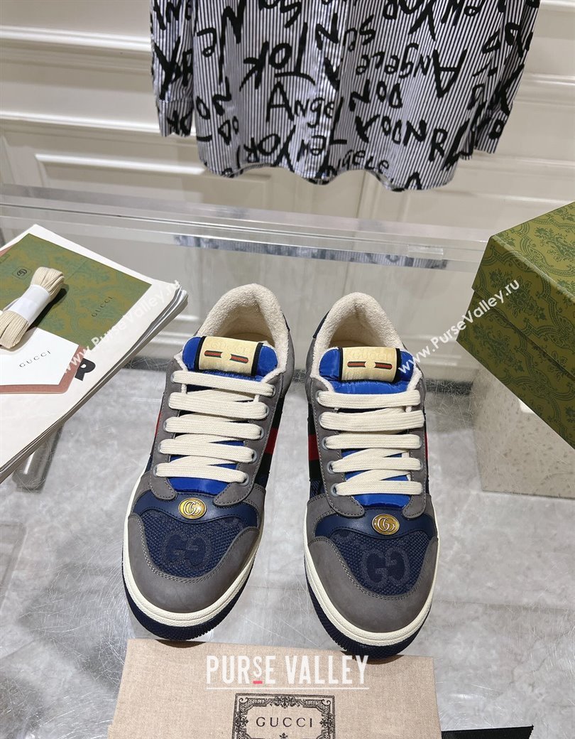 Gucci Screener Trainer Sneakers in Suede and GG Canvas with Web Grey/Blue 2024 (SS-241119148)