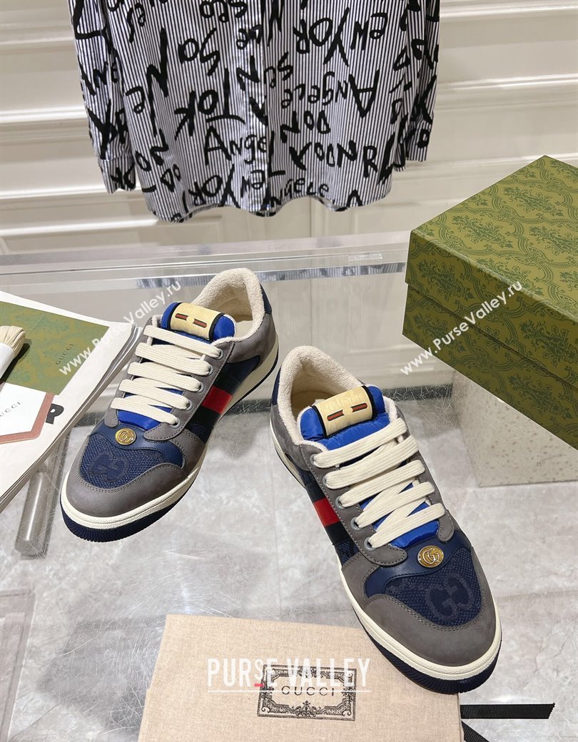 Gucci Screener Trainer Sneakers in Suede and GG Canvas with Web Grey/Blue 2024 (SS-241119148)