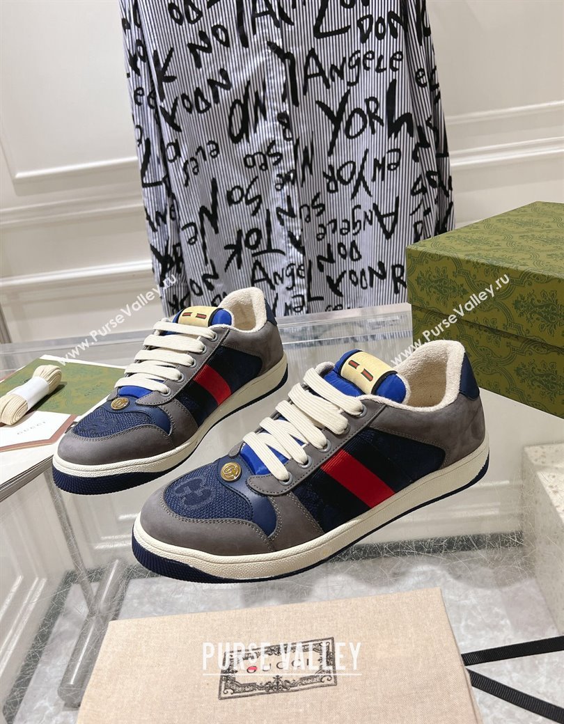 Gucci Screener Trainer Sneakers in Suede and GG Canvas with Web Grey/Blue 2024 (SS-241119148)