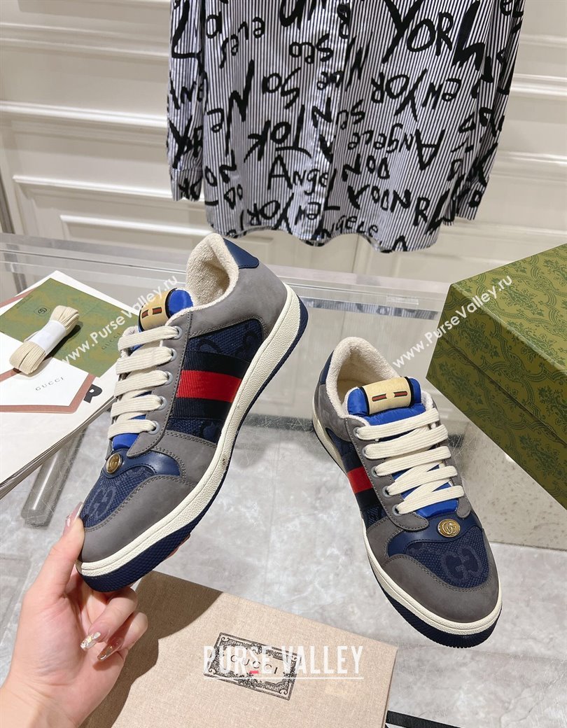 Gucci Screener Trainer Sneakers in Suede and GG Canvas with Web Grey/Blue 2024 (SS-241119148)